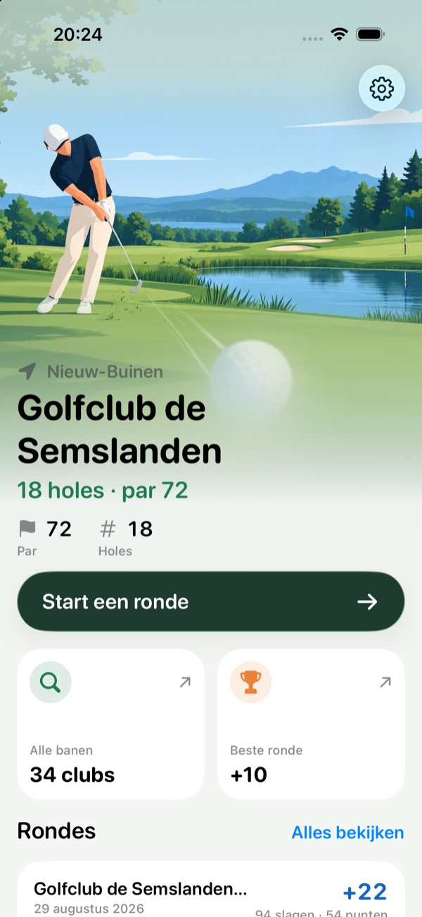 Beginscherm van Caddiemaatje met Golfclub de Semslanden en de knop Start een ronde